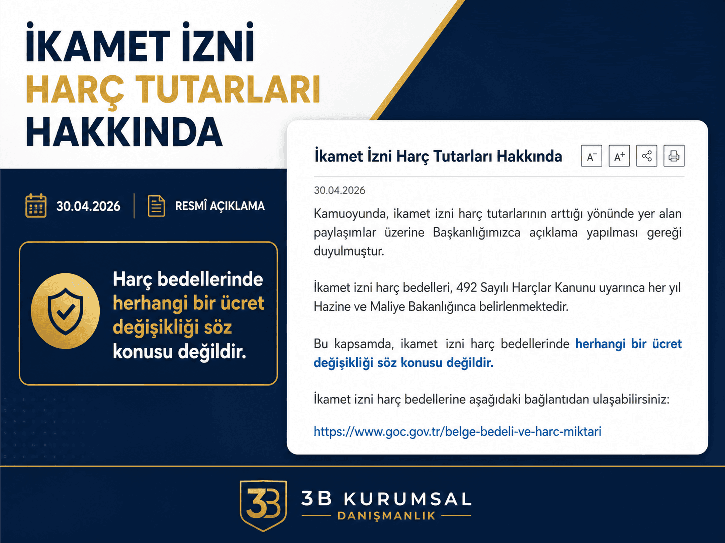 İkamet izni harç tutarları hakkında Göç İdaresi Başkanlığı açıklaması ve harç bedellerinde ücret değişikliği olmadığına dair duyuru görseli.